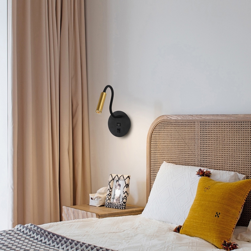 Brilagi - LED Fleksibel væglampe med USB-port MAYA LED/3W/230V 4000K sort/guldfarvet