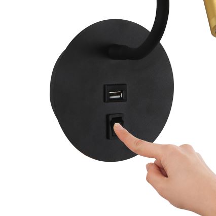 Brilagi - LED Fleksibel væglampe med USB-port MAYA LED/3W/230V 4000K sort/guldfarvet