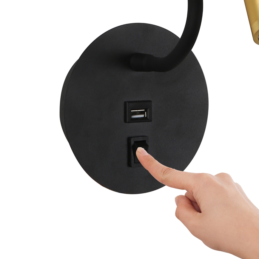 Brilagi - LED Fleksibel væglampe med USB-port MAYA LED/3W/230V 4000K sort/guldfarvet