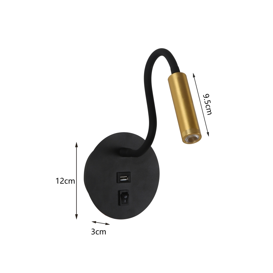 Brilagi - LED Fleksibel væglampe med USB-port MAYA LED/3W/230V 4000K sort/guldfarvet