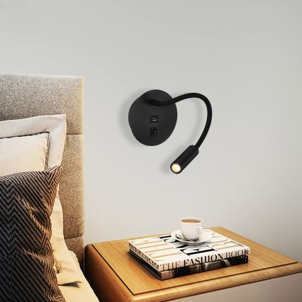 Brilagi - LED Fleksibel væglampe med USB-port MAYA LED/3W/230V 4000K sort
