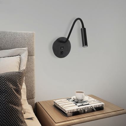 Brilagi - LED Fleksibel væglampe med USB-port MAYA LED/3W/230V 4000K sort
