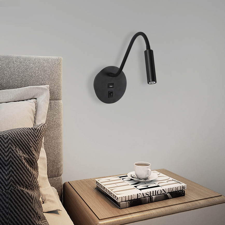 Brilagi - LED Fleksibel væglampe med USB-port MAYA LED/3W/230V 4000K sort