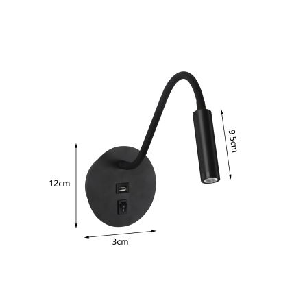 Brilagi - LED Fleksibel væglampe med USB-port MAYA LED/3W/230V 4000K sort