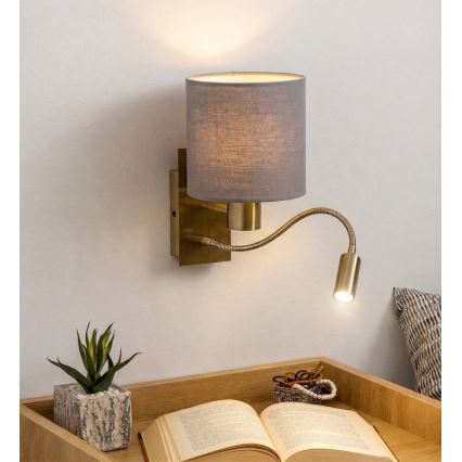 Brilagi - LED fleksibel væglampe NUBILA 1xE27/25W/230V + LED/3W messing/lysegrå