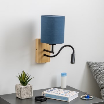 Brilagi - LED Fleksibel væglampe NUBILA WOOD 1xE27/25W/230V + LED/3W eg/mørkeblå