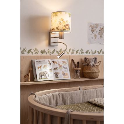 Brilagi - LED børnevæglampe BOBO, fleksibel, 1xE27/25W/230V + LED/3W, mat krom/hvid/grøn/jungle
