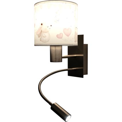 Brilagi - LED fleksibel børnevæglampe BOBO 1xE27/25W/230V + LED/3W mat krom/cremefarvet/kaninmotiv