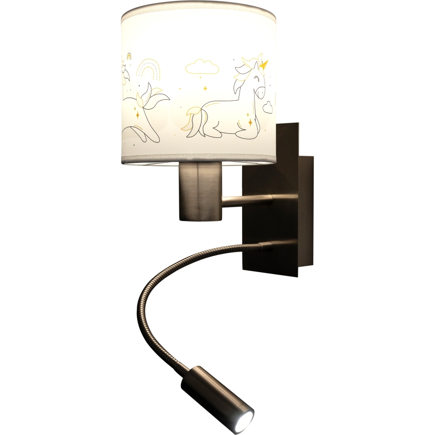 Brilagi - LED fleksibel væglampe til børn BOBO 1xE27/25W/230V + LED/3W mat krom/hvid/enhjørninger
