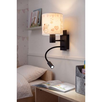 Brilagi - LED fleksibel børnevæglampe BOBO 1xE27/25W/230V + LED/3W sort/creme/kaninmotiver