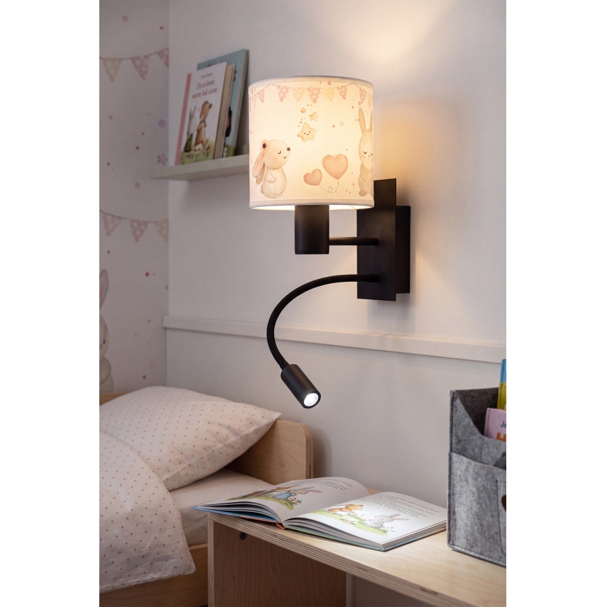 Brilagi - LED fleksibel børnevæglampe BOBO 1xE27/25W/230V + LED/3W sort/creme/kaninmotiver