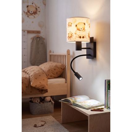Brilagi - fleksibel LED-børnevæglampe BOBO 1xE27/25W/230V + LED/3W sort/hvid/bamser