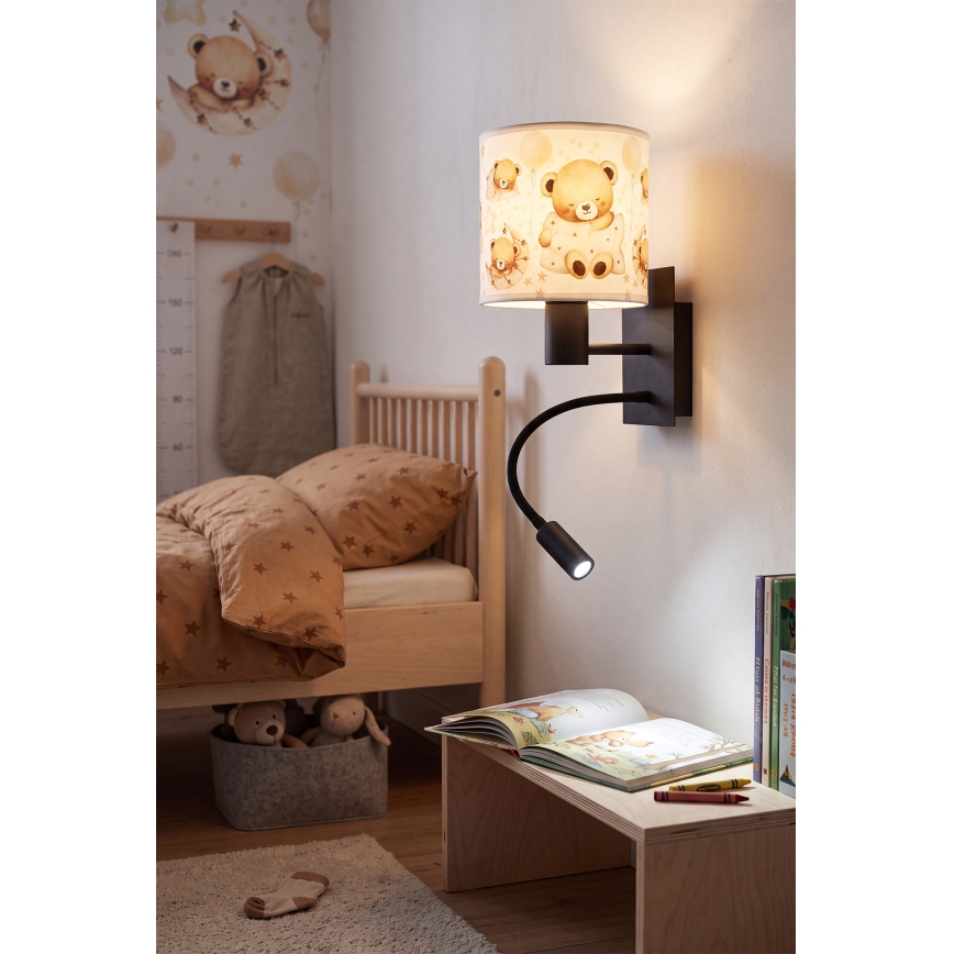 Brilagi - fleksibel LED-børnevæglampe BOBO 1xE27/25W/230V + LED/3W sort/hvid/bamser