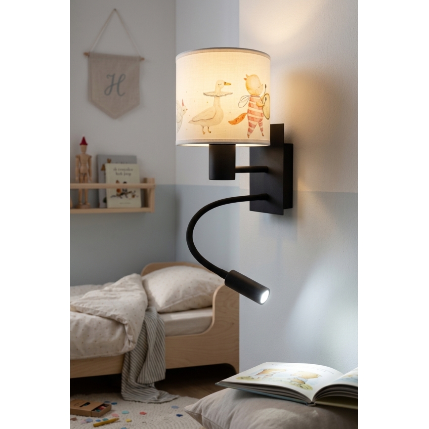Brilagi - LED fleksibel væglampe til børn BOBO 1xE27/25W/230V + LED/3W sort/hvid/med dyremotiv