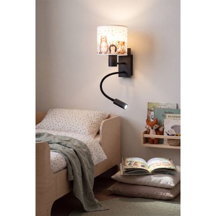 Brilagi - LED fleksibel væglampe til børn BOBO 1xE27/25W/230V + LED/3W sort/hvid/med dyremotiv