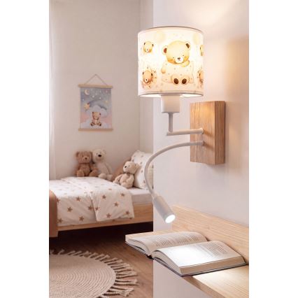 Brilagi - LED fleksibel børnevæglampe BOBO WOOD 1xE27/25W/230V + LED/3W eg/hvid/bamser