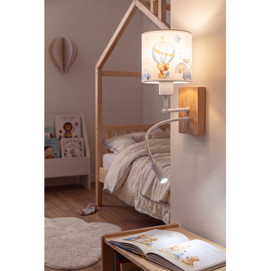 Brilagi - LED fleksibel børnevæglampe BOBO WOOD 1xE27/25W/230V + LED/3W eg/hvid/blå/bamser