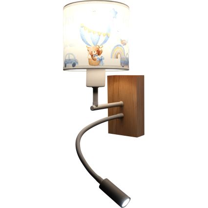 Brilagi - LED fleksibel børnevæglampe BOBO WOOD 1xE27/25W/230V + LED/3W eg/hvid/blå/bamser