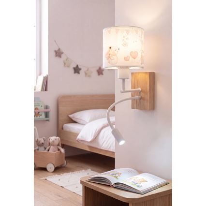 Brilagi - LED fleksibel børnevæglampe BOBO WOOD 1xE27/25W/230V + LED/3W eg/hvid/cremefarvet/kaniner