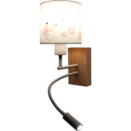 Brilagi - LED fleksibel børnevæglampe BOBO WOOD 1xE27/25W/230V + LED/3W eg/hvid/cremefarvet/kaniner