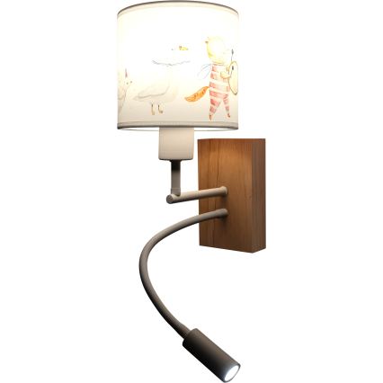 Brilagi - LED fleksibel børnevæglampe BOBO WOOD 1xE27/25W/230V + LED/3W eg/hvid/dyremotiv
