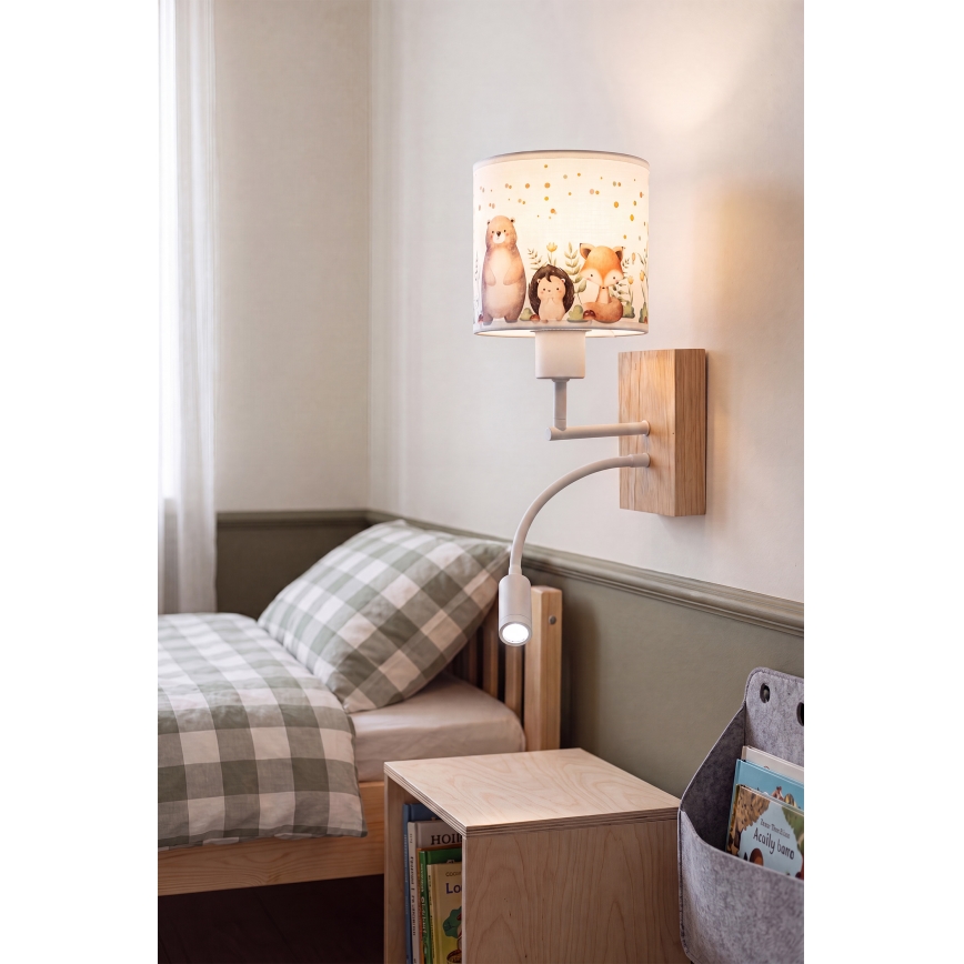 Brilagi - LED fleksibel børnevæglampe BOBO WOOD 1xE27/25W/230V + LED/3W eg/hvid/dyremotiv
