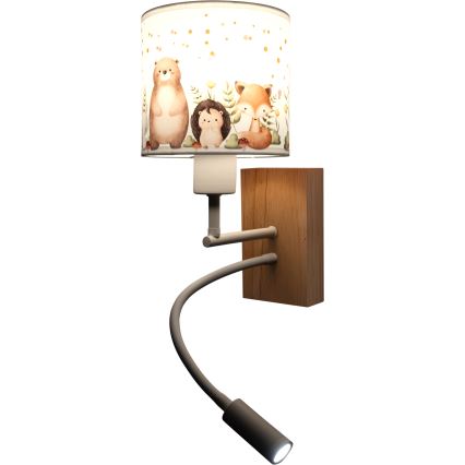 Brilagi - LED fleksibel børnevæglampe BOBO WOOD 1xE27/25W/230V + LED/3W eg/hvid/dyremotiv
