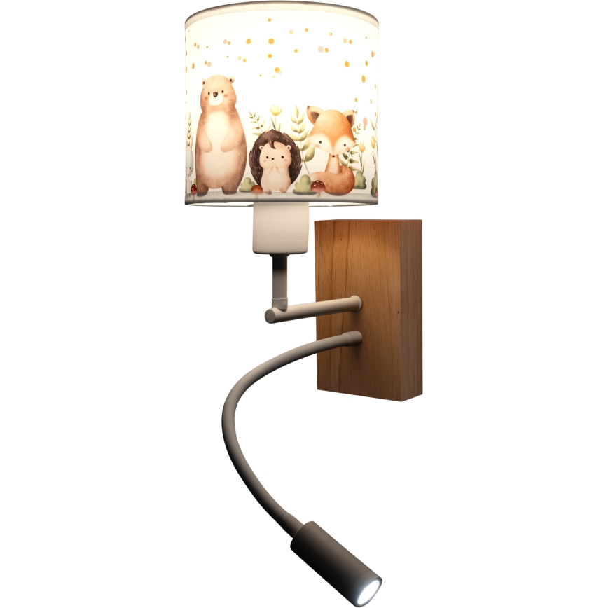 Brilagi - LED fleksibel børnevæglampe BOBO WOOD 1xE27/25W/230V + LED/3W eg/hvid/dyremotiv
