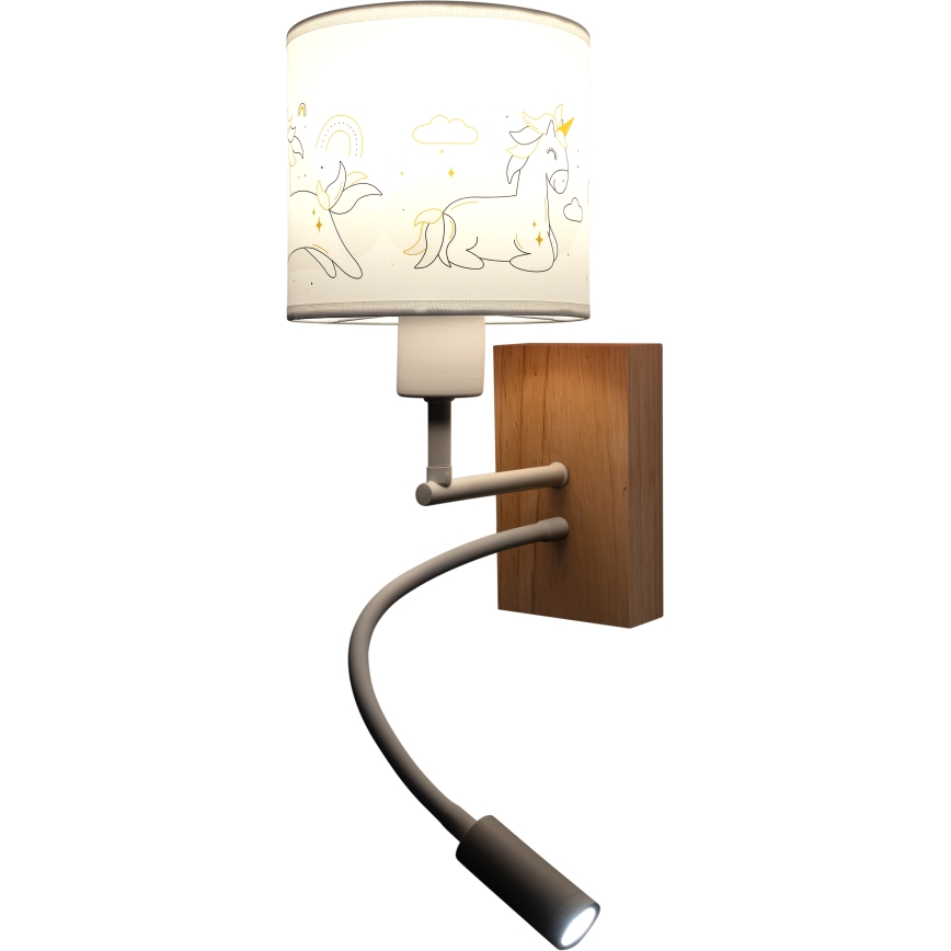 Brilagi - LED fleksibel børnevæglampe BOBO WOOD 1xE27/25W/230V + LED/3W eg/hvid/enhjørninge
