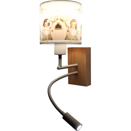 Brilagi - LED fleksibel væglampe til børn BOBO WOOD 1xE27/25W/230V + LED/3W eg/hvid/lyserød/feer