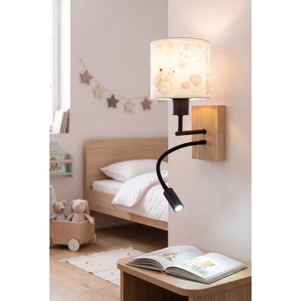 Brilagi - LED fleksibel væglampe til børn BOBO WOOD 1xE27/25W/230V + LED/3W eg/sort/cremefarvet/kaniner
