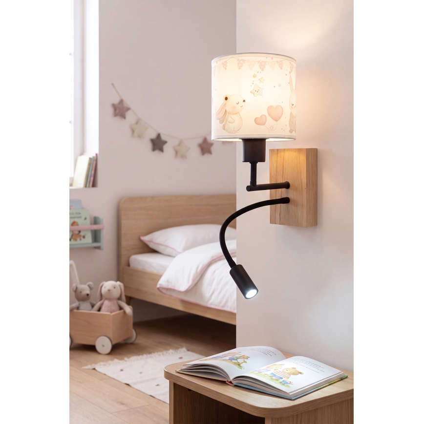Brilagi - LED fleksibel væglampe til børn BOBO WOOD 1xE27/25W/230V + LED/3W eg/sort/cremefarvet/kaniner