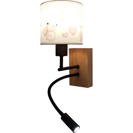 Brilagi - LED fleksibel væglampe til børn BOBO WOOD 1xE27/25W/230V + LED/3W eg/sort/cremefarvet/kaniner