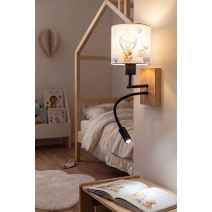 BRILAGI - LED fleksibel væglampe til børn BOBO WOOD 1xE27/25W/230V + LED/3W eg/sort/hvid/blå/bamser