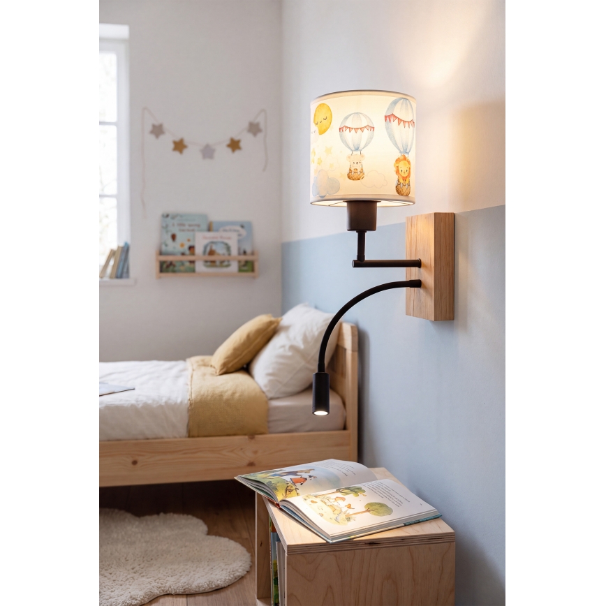 Brilagi - LED fleksibel væglampe til børn BOBO WOOD 1xE27/25W/230V + LED/3W eg/sort/hvid/med dyremotiv