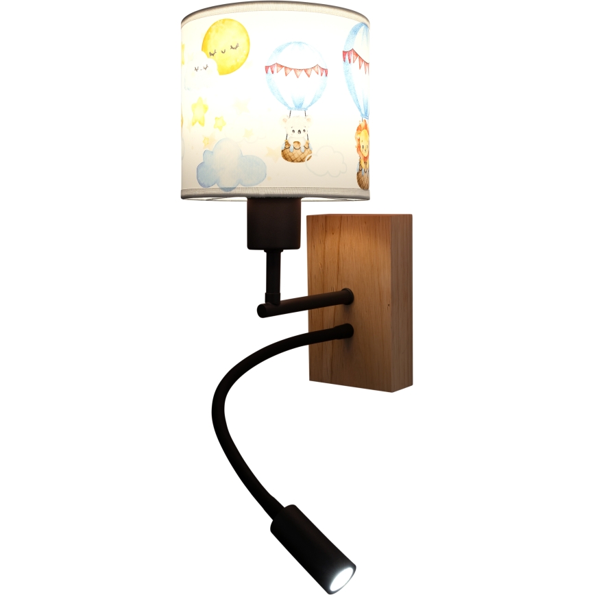 Brilagi - LED fleksibel væglampe til børn BOBO WOOD 1xE27/25W/230V + LED/3W eg/sort/hvid/med dyremotiv