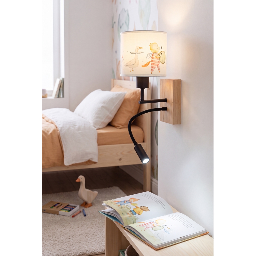 Brilagi - LED fleksibel væglampe til børn BOBO WOOD 1xE27/25W/230V + LED/3W eg/sort/hvid/dyremotiver