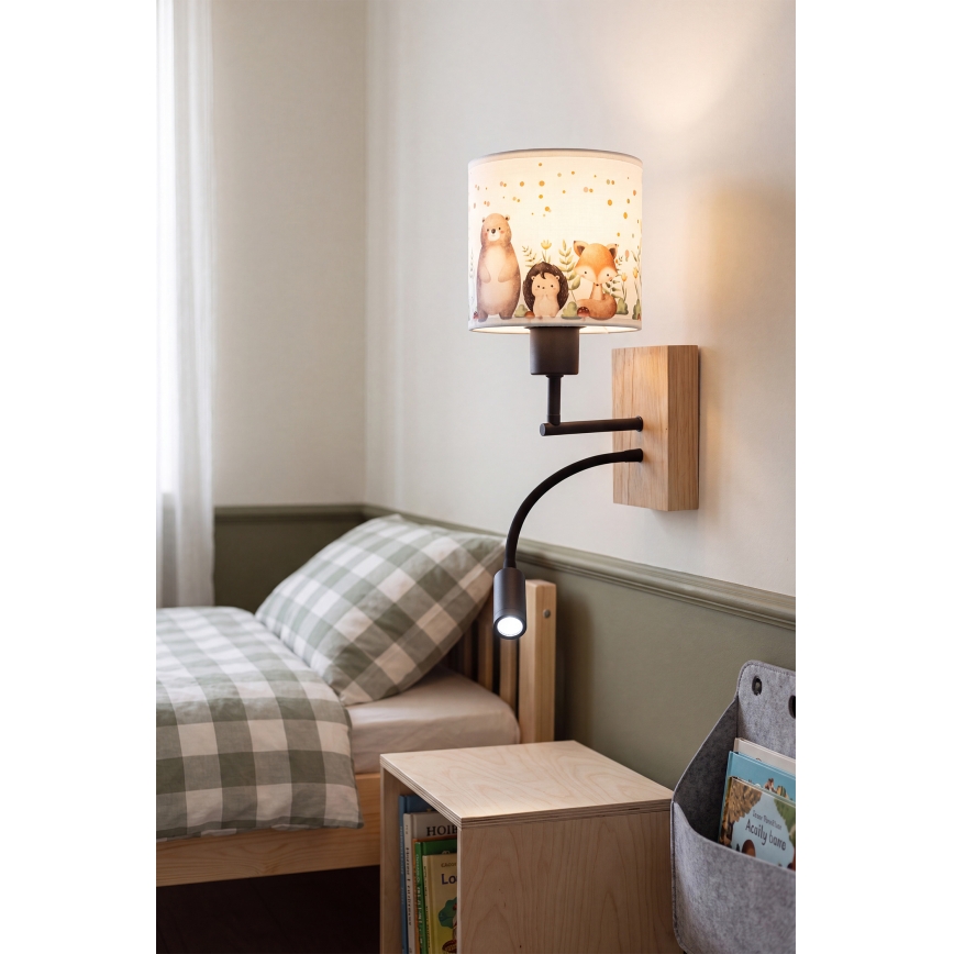 Brilagi - LED fleksibel børnevæglampe BOBO WOOD 1xE27/25W/230V + LED/3W eg/sort/hvid/dyremotiv