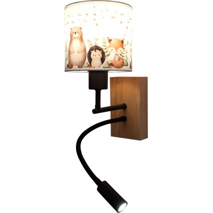 Brilagi - LED fleksibel børnevæglampe BOBO WOOD 1xE27/25W/230V + LED/3W eg/sort/hvid/dyremotiv