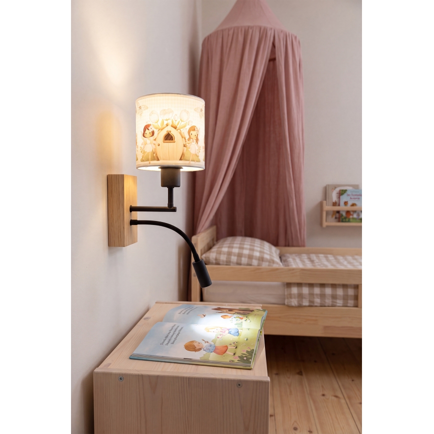 Brilagi - LED fleksibel børnevæglampe BOBO WOOD 1xE27/25W/230V + LED/3W eg/sort/hvid/rosa/feer