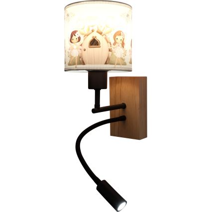 Brilagi - LED fleksibel børnevæglampe BOBO WOOD 1xE27/25W/230V + LED/3W eg/sort/hvid/rosa/feer