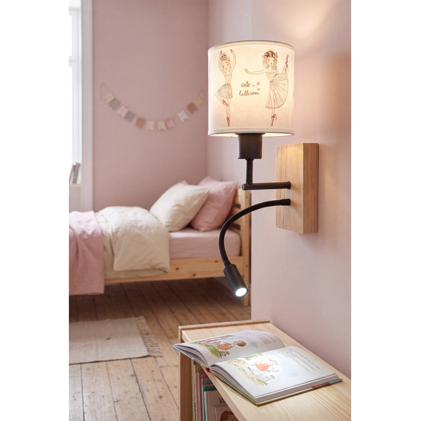 Brilagi - LED Fleksibel børnevæglampe BOBO WOOD 1xE27/25W/230V + LED/3W eg/sort/hvid/lyserød/balletsko