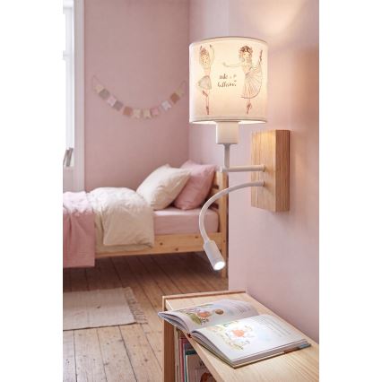 Brilagi - LED fleksibel væglampe til børn BOBO WOOD 1xE27/25W/230V + LED/3W eg/hvid/lyserød/ballerina-motiv