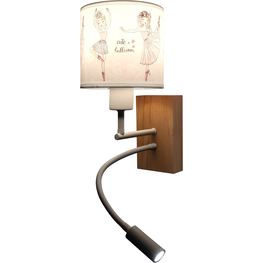 Brilagi - LED fleksibel væglampe til børn BOBO WOOD 1xE27/25W/230V + LED/3W eg/hvid/lyserød/ballerina-motiv