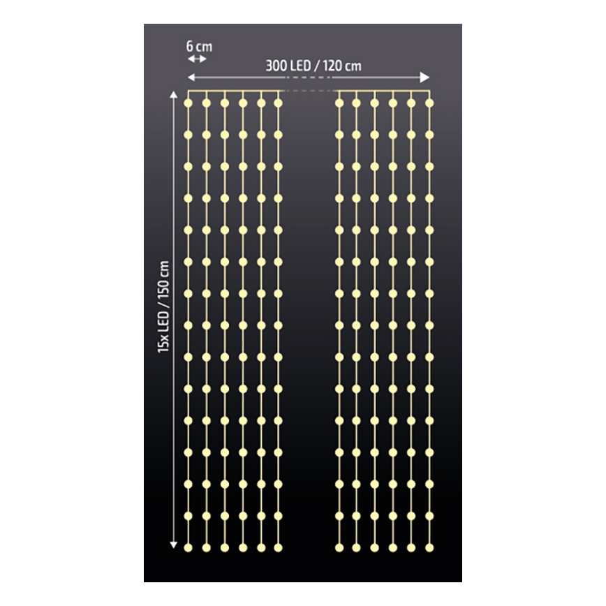 Brilagi - LED julegardin 300xLED/8 funktioner/3xAA/USB 1,2m varm hvid