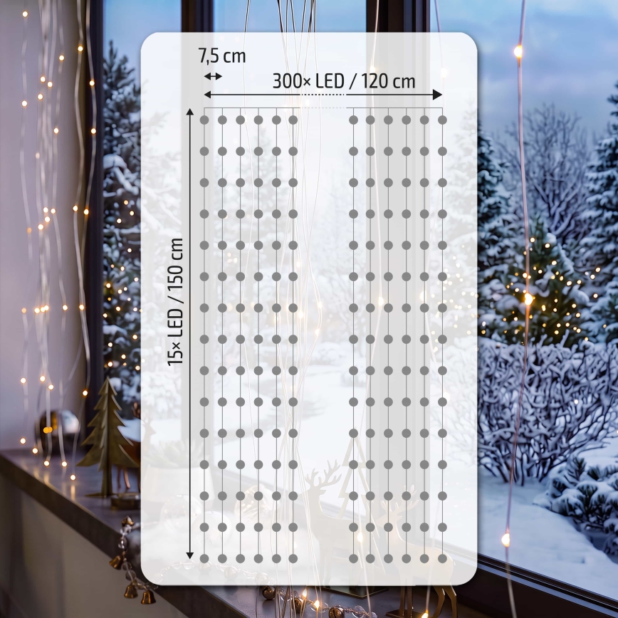 BRILAGI - LED julegardin 300xLED/8 funktioner/3xAA/USB 1,2m varm hvid