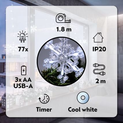 BRILAGI - LED julegardin 77xLED/3xAA/USB 3,8m snefnug kold hvid