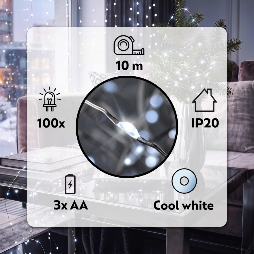 Brilagi - LED julelyskæde 100xLED/3xAA 10m kold hvid