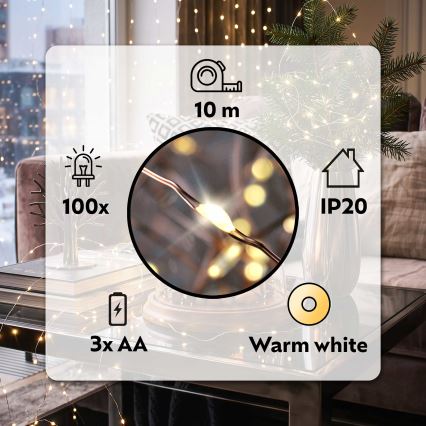 Brilagi - LED julelyskæde 100xLED/3xAA 10m varm hvid