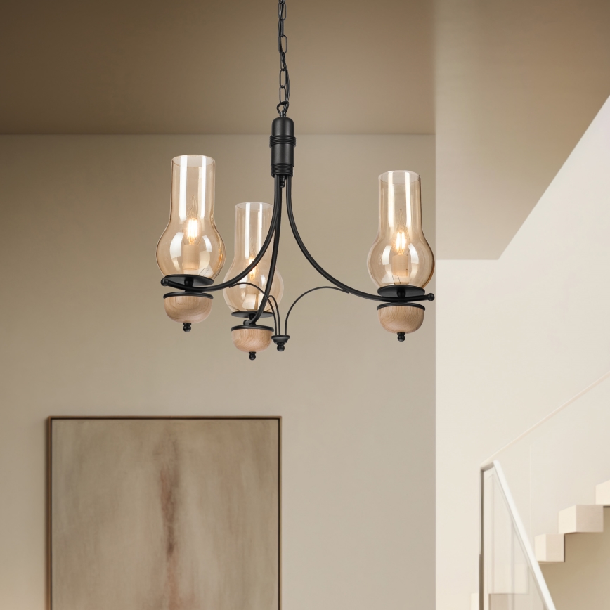 Brilagi - LED-lysekrone med kæde COTTAGE 3xE14/40W/230V eg/sort/røget beige